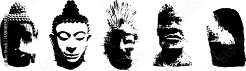 Black and white totem heads illustration collection for design projects