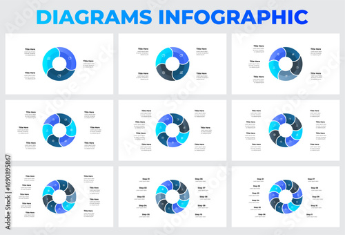 Set of Circular Diagram Infographics for Business or Data Representations with 3, 4, 5, 6, 7, 8, 9, 10 and 11 Steps