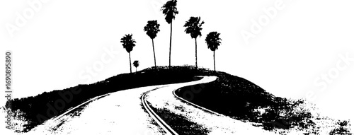 Grunge black and white illustration of palm trees on winding road for urban design projects