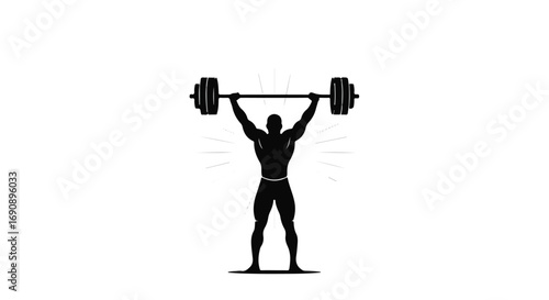 Muscular silhouette of a weightlifter triumphantly lifting a barbell overhead with radiating light.