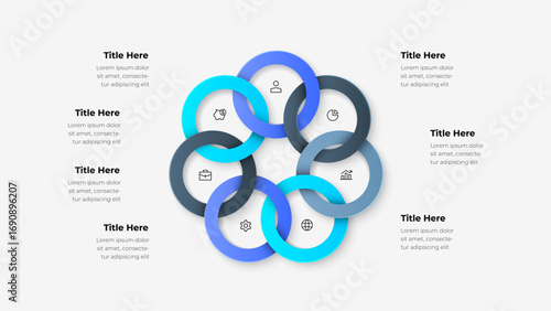 Interconnected rings with 7 icons representing themes like collaboration, teamwork, and process. Ideal for business presentations, educational purposes, and conceptual illustrations