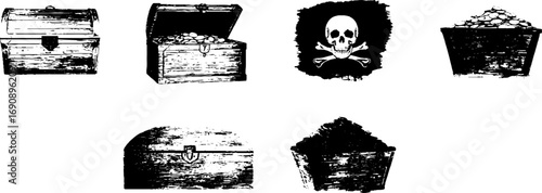 Grunge black and white pirate treasure chest and skull illustration set for vintage design