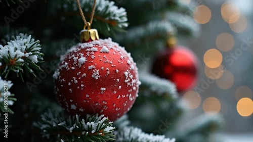 Christmas ball on the Christmas tree covered with snow