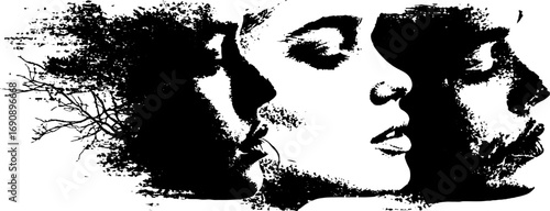 Grunge black and white profile illustration art set for urban design and decor