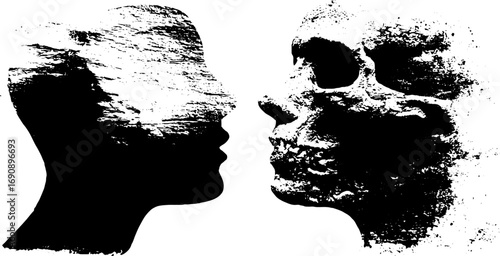 Grunge black and white human and skull profile for urban art design