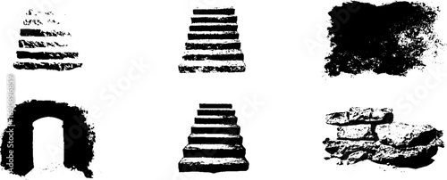 Grunge black and white urban stencil set of stairs and stone structures for artistic design