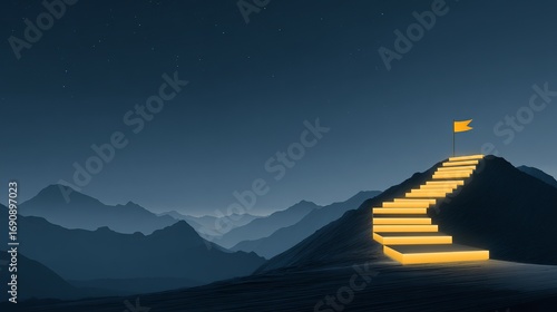 Glowing stairway to success leading up mountain against dark blue sky evoking challenge and reward.