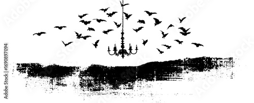 Eerie gothic silhouette with bats and chandelier - halloween decor design