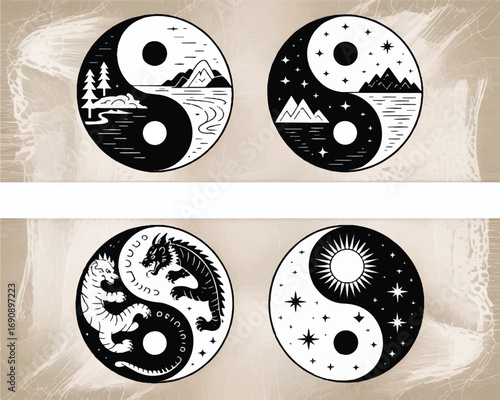 Yin Yang Symbol Collection Vector Art Featuring Balance, Harmony, and Duality in Diverse Representations