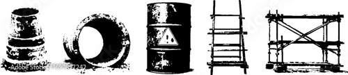 Urban grunge black and white stencil set featuring ventilation, barrel, ladder, and construction scaffolding