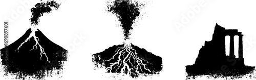 Grunge black and white volcano illustration set for design and print