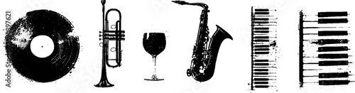 Black and white grunge music instruments and vinyl collection for artistic design
