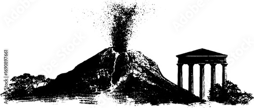 Grunge black and white volcano eruption with ancient ruins for artistic design