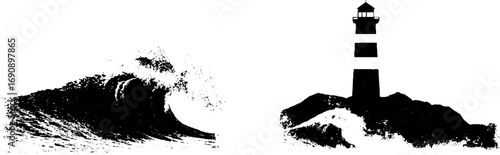 Grunge black and white wave and lighthouse illustration set for nautical design