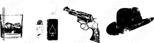 Vintage black and white whiskey, gun, and cowboy hat grunge illustration set for urban design