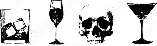 Grunge black and white whiskey glasses and skull illustration set for creative designs