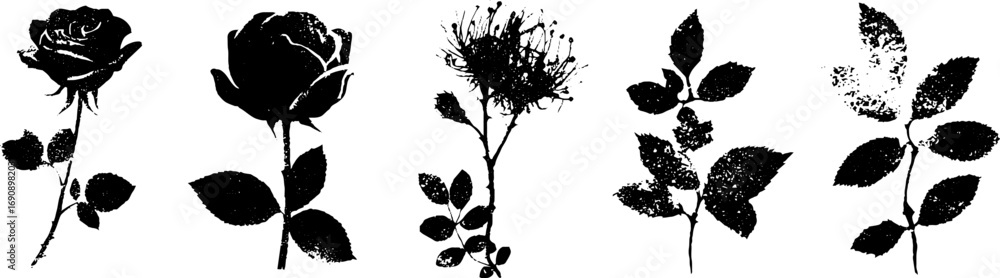Naklejka premium Grunge black and white set of wilted flower silhouettes for design and decoration