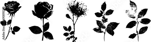 Grunge black and white set of wilted flower silhouettes for design and decoration
