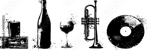 Grunge black and white set featuring wine, candle, trumpet, and vinyl for retro design