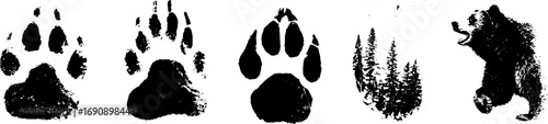 Black and white grunge animal illustration set featuring wolves and bear designs for urban art