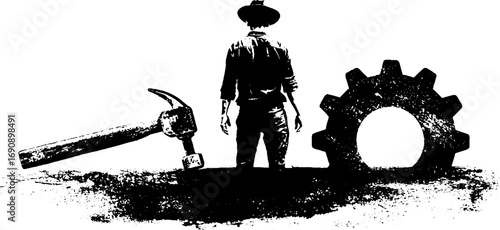 Industrial worker silhouette with hammer and gear in grunge style for poster design