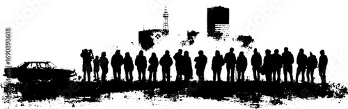 Grunge black and white urban silhouette of zombie crowd with cityscape