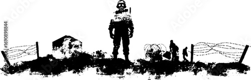 Grunge black and white zombie illustration set with gas mask and barbed wire for urban design