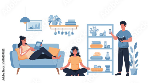 Modern living room scene with two women relaxing on a sofa and meditating while a man tends to plants on a shelf