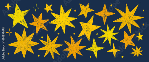 Set of gold chalk drawing stars. Shine or sparkle doodle collection. Children style yellow wax pencil hand drawing elements of night sky. Crayon scratch grunge texture star shapes.