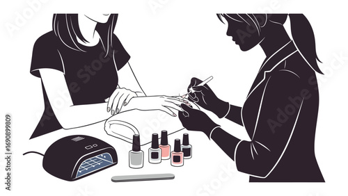 Two women in a beauty salon receiving and giving a professional manicure with nail polish and uv lamp for gel nails