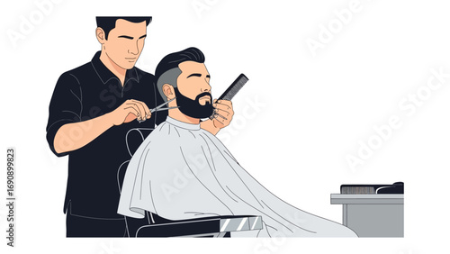 Professional barber meticulously trimming a stylish beard and haircut for a modern man in a clean bright barbershop setting