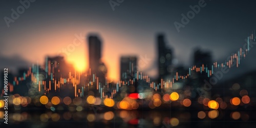 Fototapeta Naklejka Na Ścianę i Meble -  Blurred city skyline overlaid with financial chart