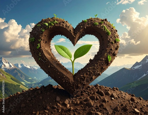 Love for nature, represented by a heart of soil nurturing a green plant, set in a mountain landscape, symbolizing growth, environmental care, and the planet's vitality