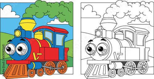 Cute Cartoon Steam Train Engine Coloring Book Page for Kids