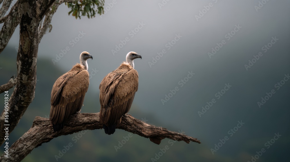 Fototapeta premium two vultures sitting on a branch in a tree