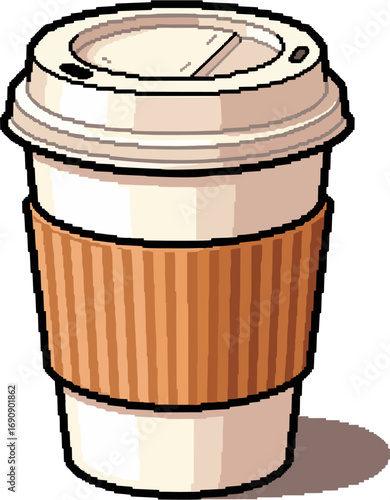 Pixelated illustration of a disposable coffee cup with a paper sleeve.