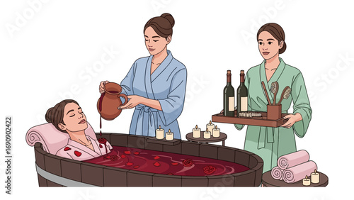 Woman relaxing in a wine bath as spa attendants pour more wine and offer skincare products for rejuvenation and self care