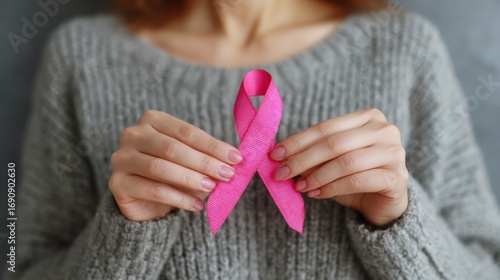 a woman holding a pink ribbon in her hands