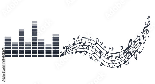 Abstract representation of sound waves transforming into musical notes