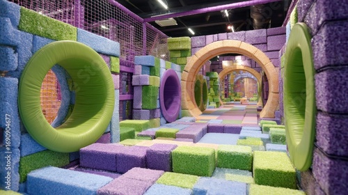 Colorful play area with padded tunnels and blocks
