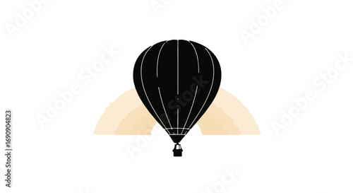 Black hot air balloon ascends against a soft, abstract sunrise backdrop, symbolizing adventure and new beginnings.