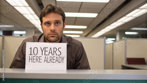 Man in office setting, looking frustrated, holding sign that reads 10 years here already, reflecting feelings of being stuck in dead end job. environment is typical of corporate workspace