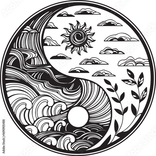 Yin Yang Symbol with Nature Elements and Transparent Background Artwork Illustration