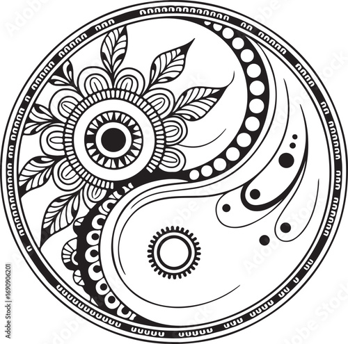 Yin Yang with Floral and Geometric Accents A Symbol of Duality and Harmony in Intricate Detail