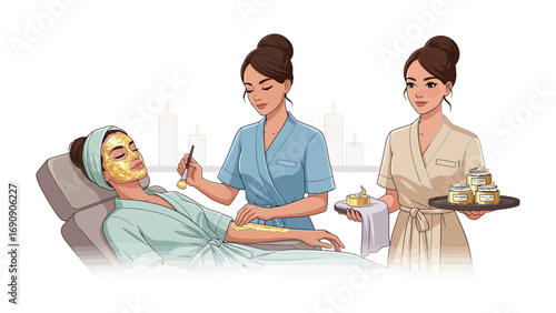 Skilled aesthetician applying a golden facial mask to a relaxed woman lying down in a spa treatment room with an assistant holding skincare products nearby