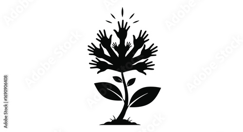Symbolic illustration of a growing tree with many hands reaching upwards, representing collaboration and growth.