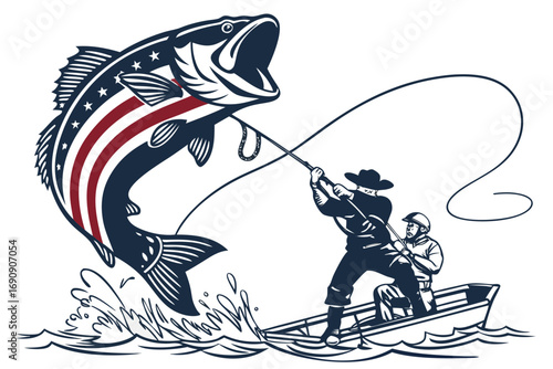 Fisherman in Boat Catches Large Fish with American Flag Tail