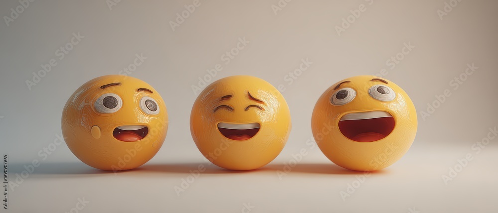Fototapeta premium Three round yellow emoticon balls with different facial expressions including happy surprised and laughing faces on a plain background