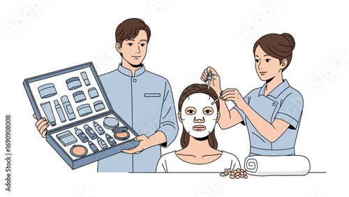Professional makeup artist and aesthetician applying facial treatment and makeup to a female client in a beauty salon setting