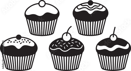 Delicious Cupcake Collection Black Silhouette Vector Illustration Sweet Treat Bakery Icon Set